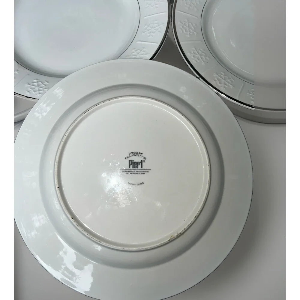 4 Pier 1 Porcelain Plates, White Snowflake Silver Trim, Embossed Rim, Round 11